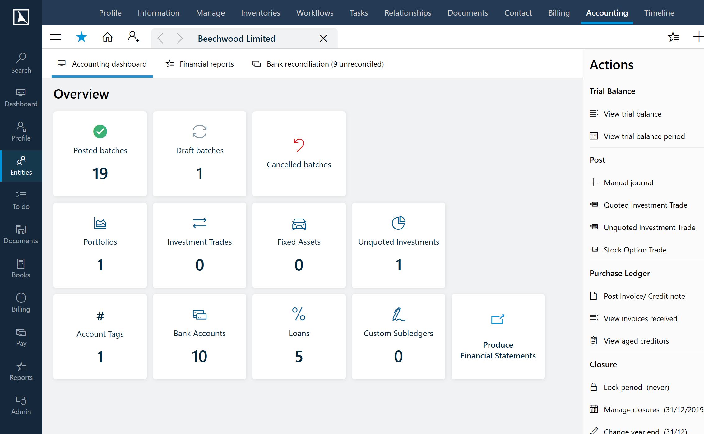 Example image of the Accounting overview within the PlainSail application