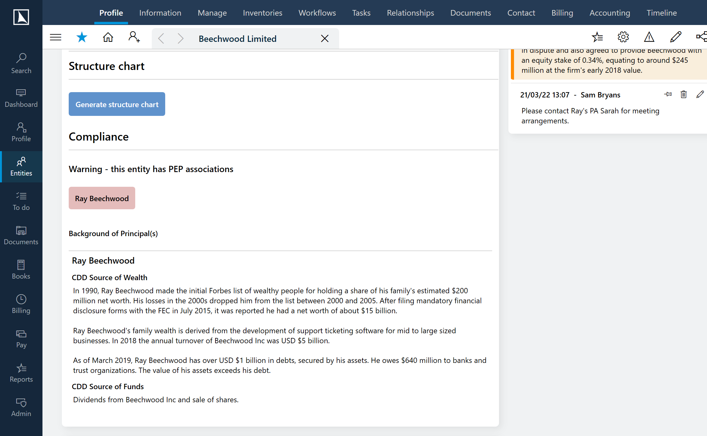 Example image of the Compliance section within the PlainSail application
