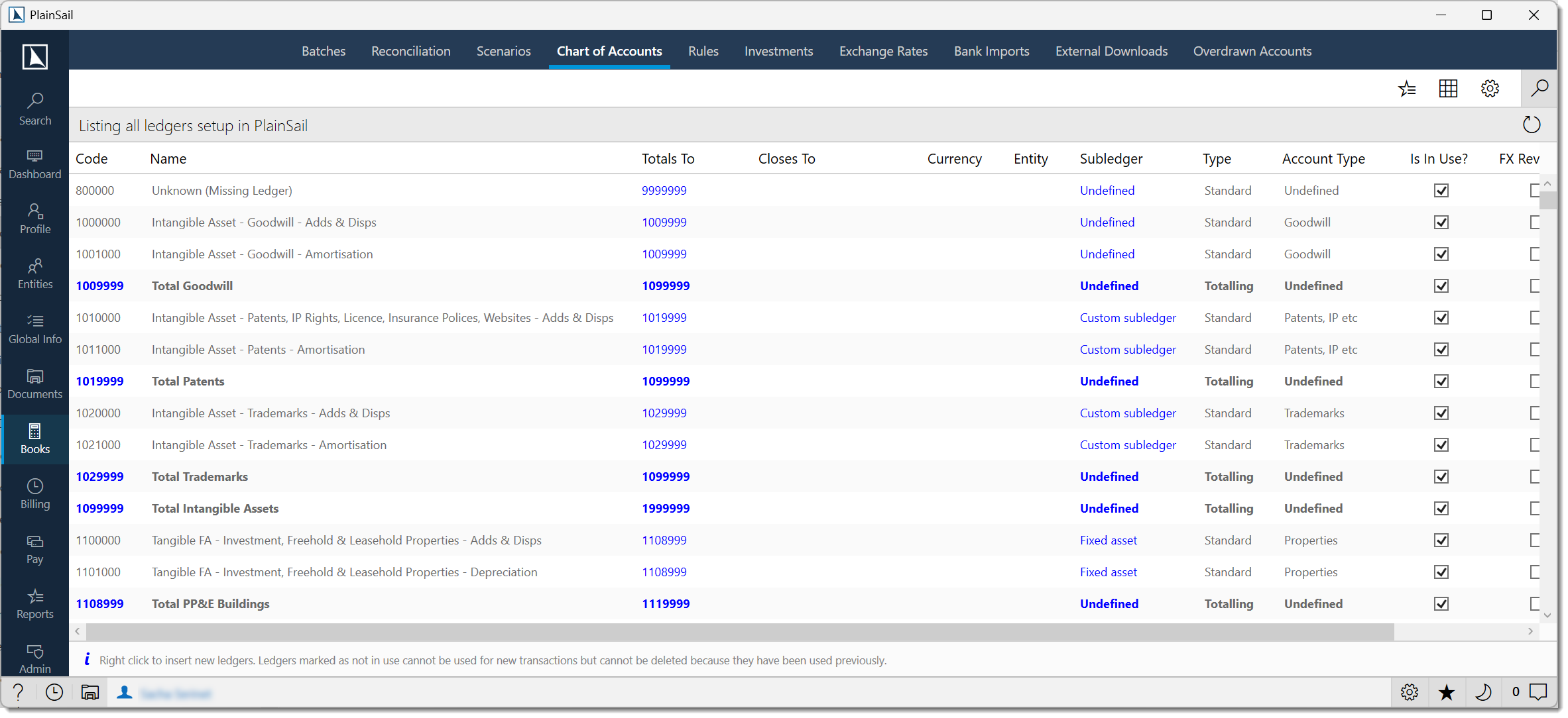Chart of accounts screen
