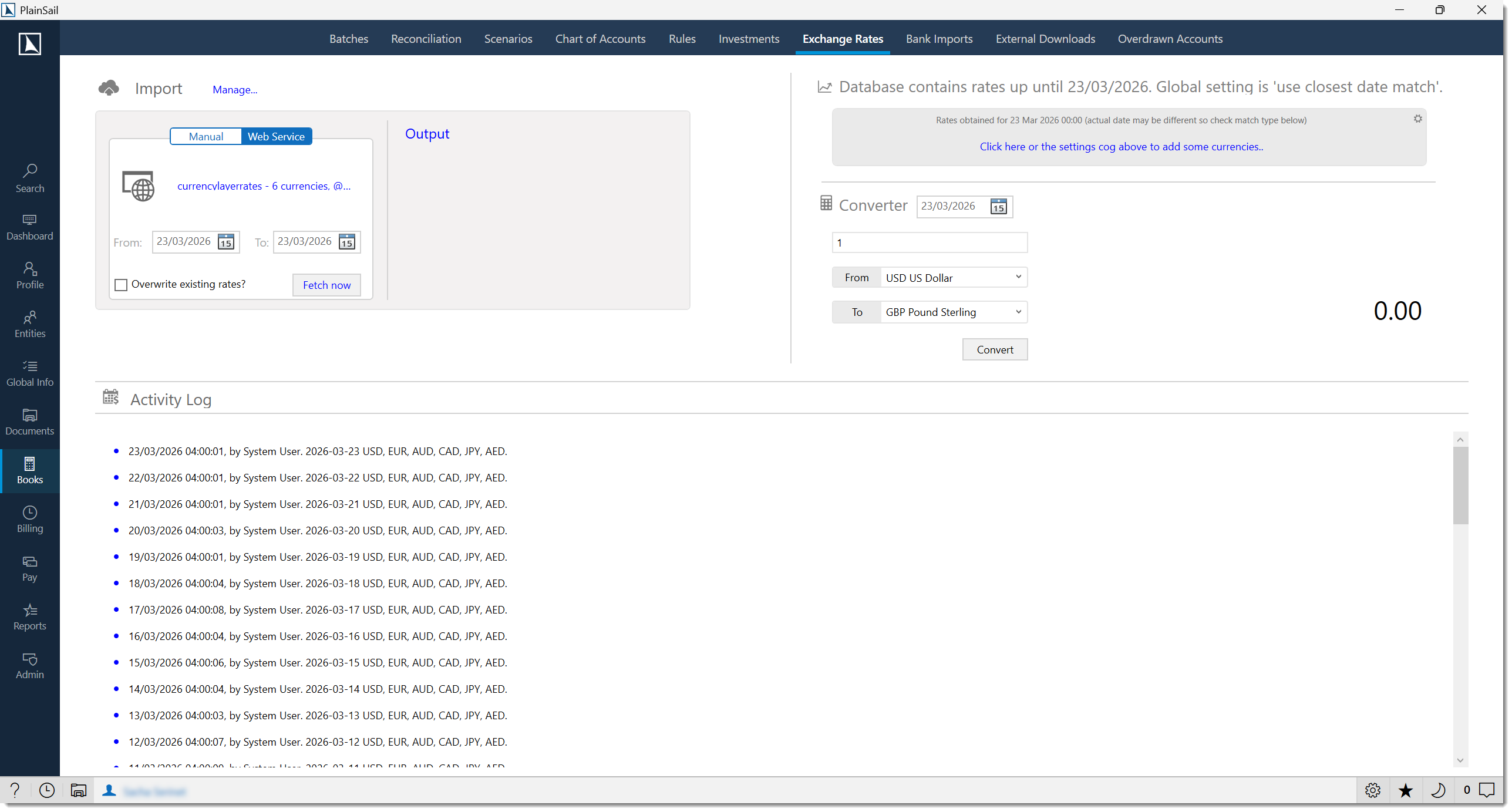 Exchange rates screen