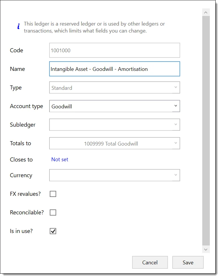 Creating ledgers dialog