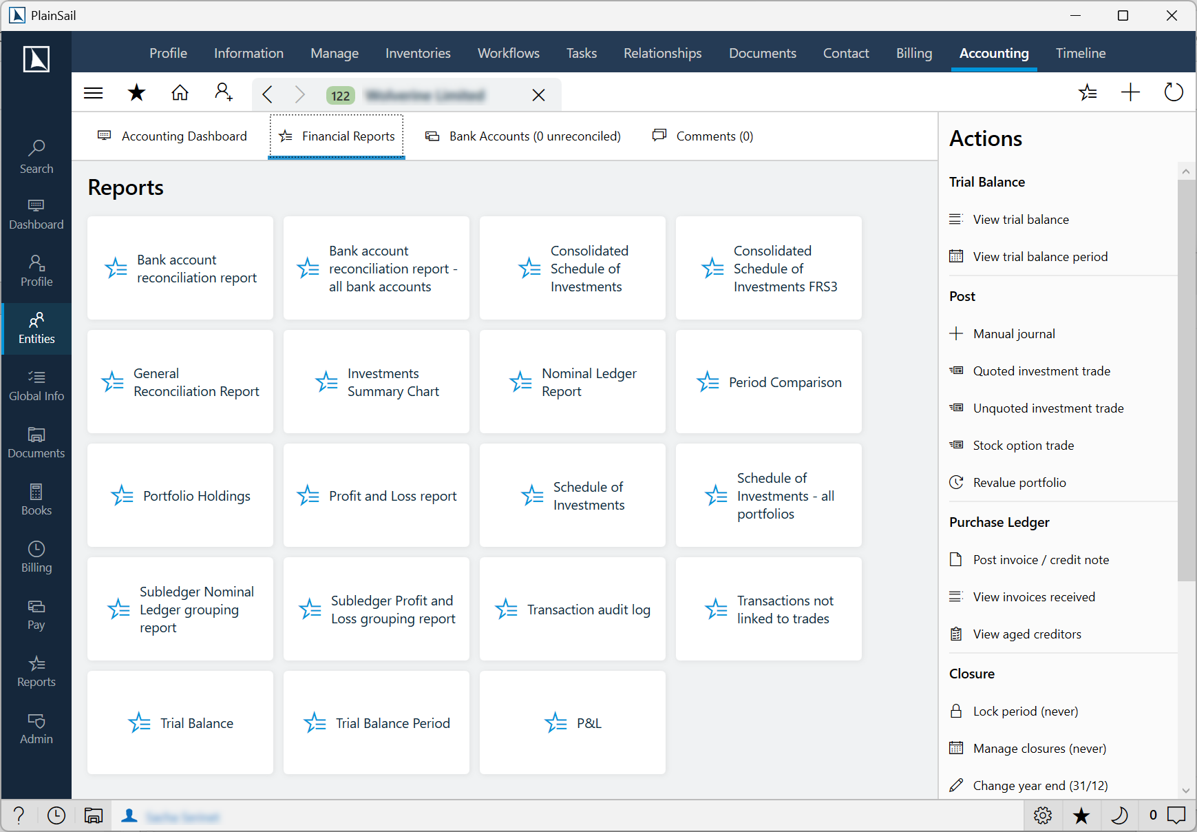 Accounting reports screen