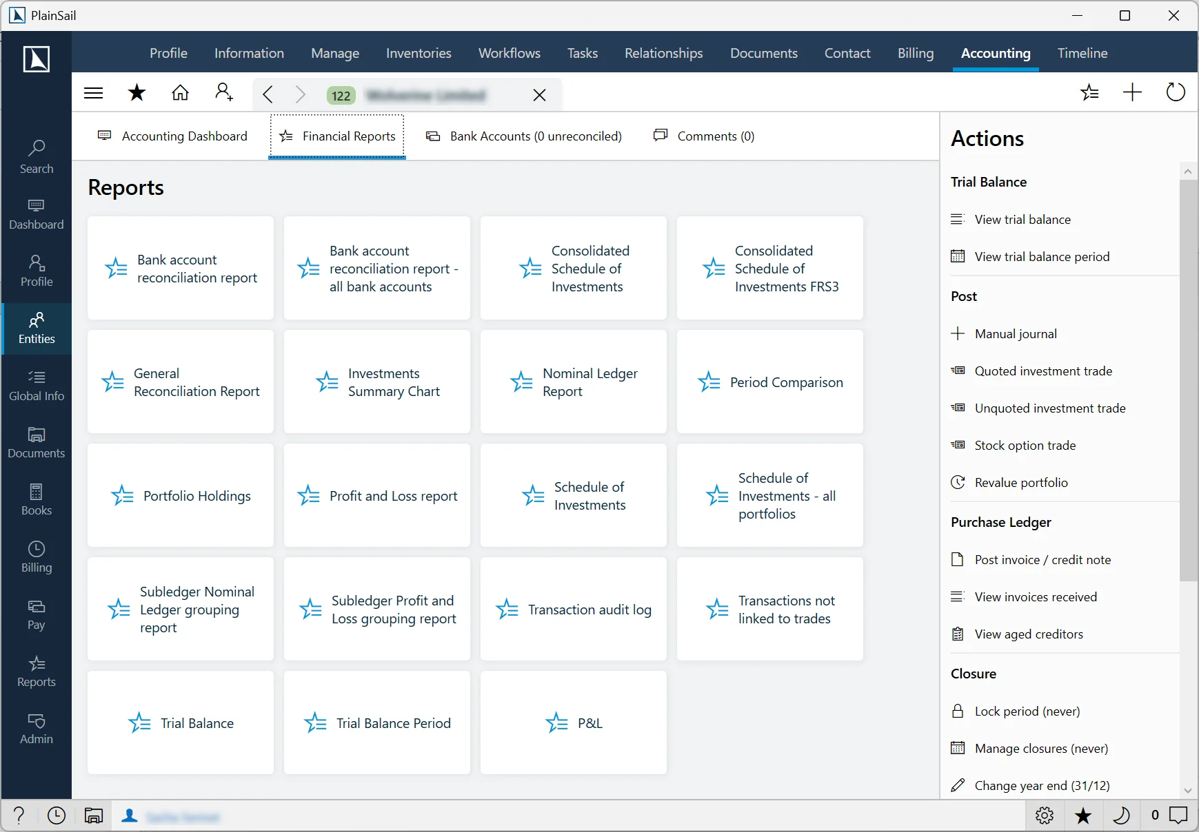 Accounting reports screen