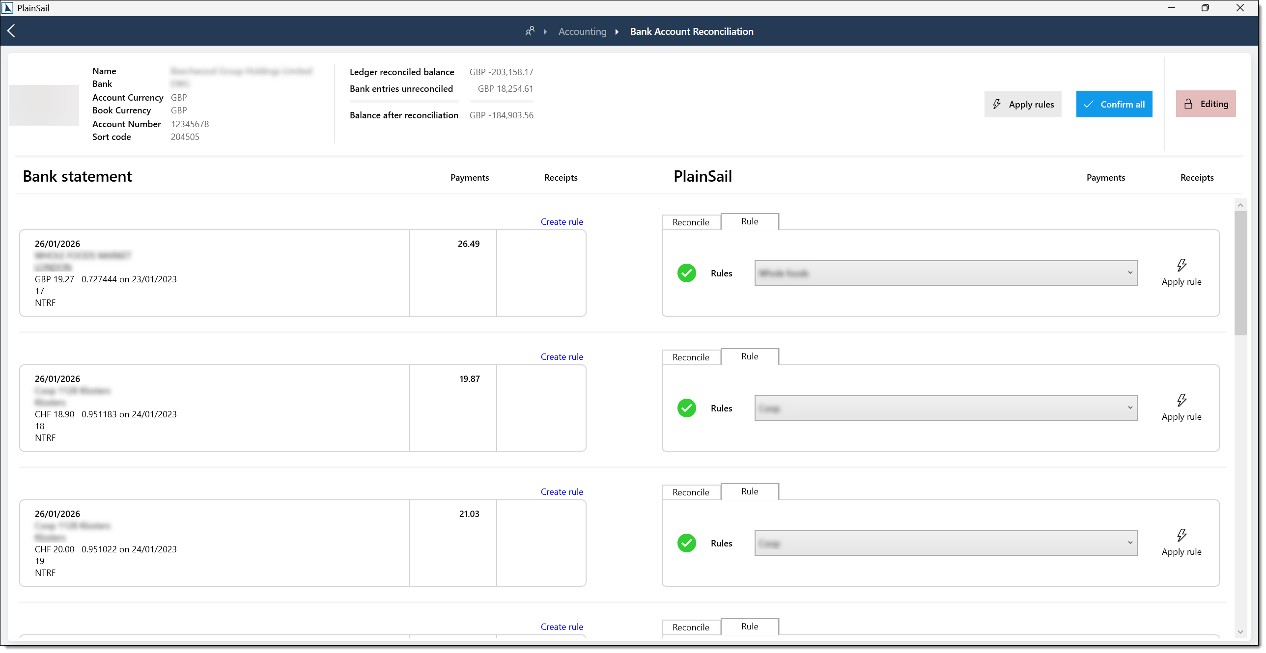 Bank reconciliation matching
