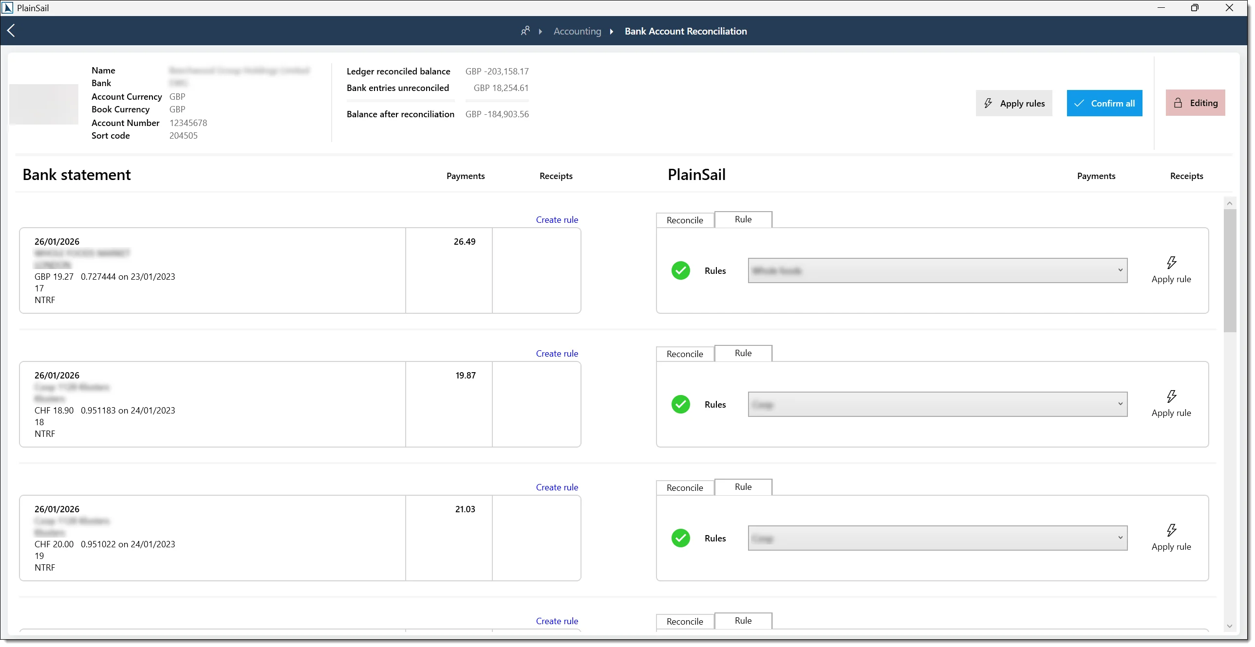 Bank reconciliation matching