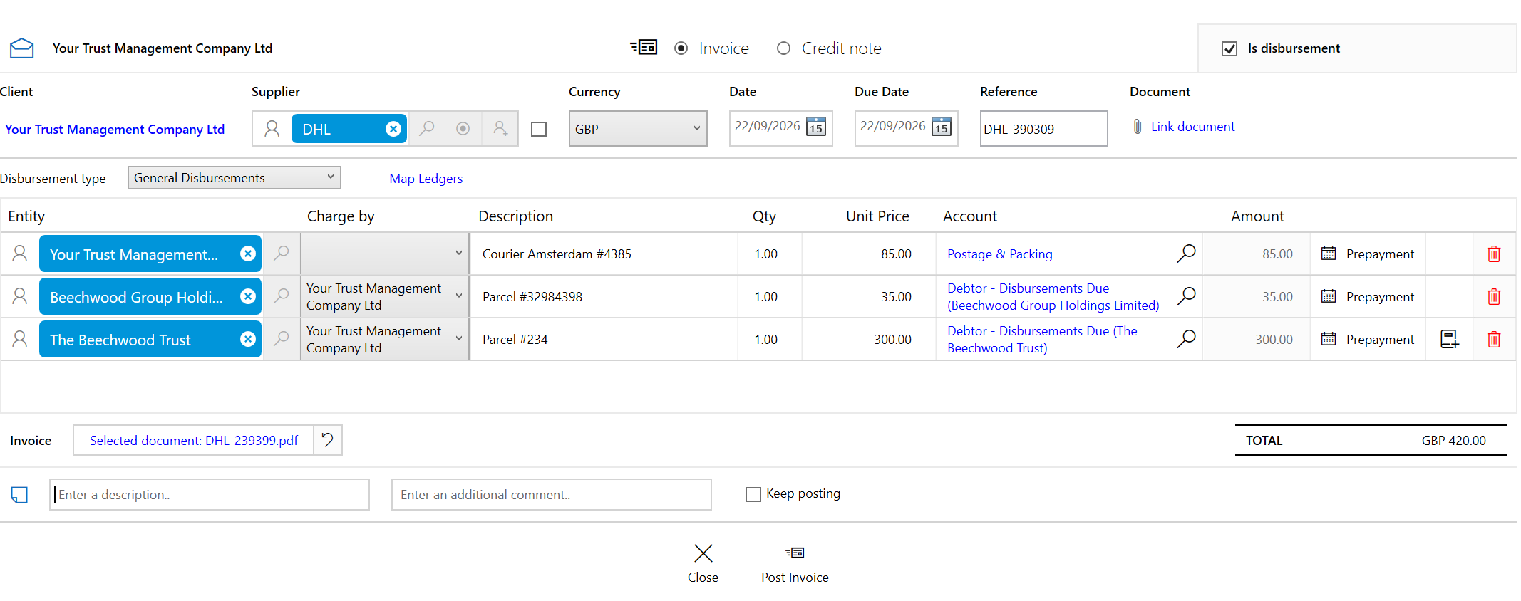 DHL invoice with Is disbursement selected: GBP 85 of own expenses and client disbursements of GBP 35 and GBP 300, totalling GBP 420