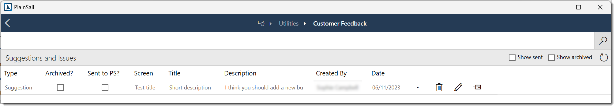 Customer feedback screen