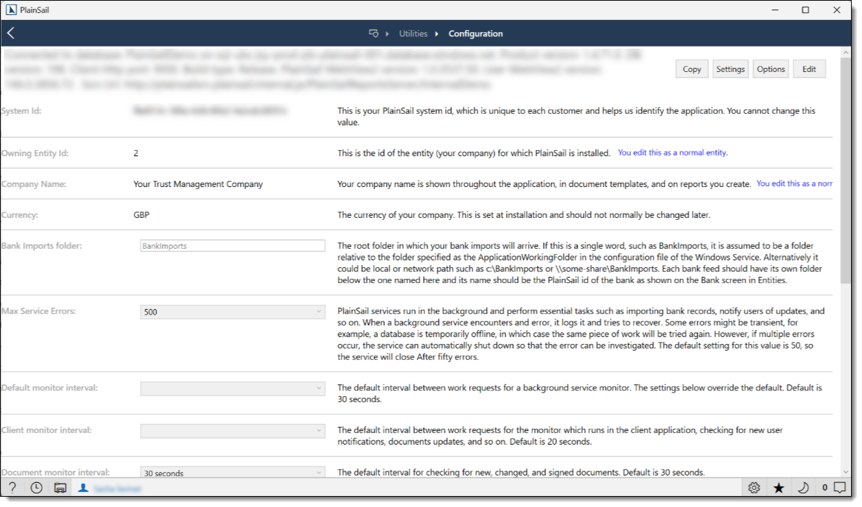System configuration screen