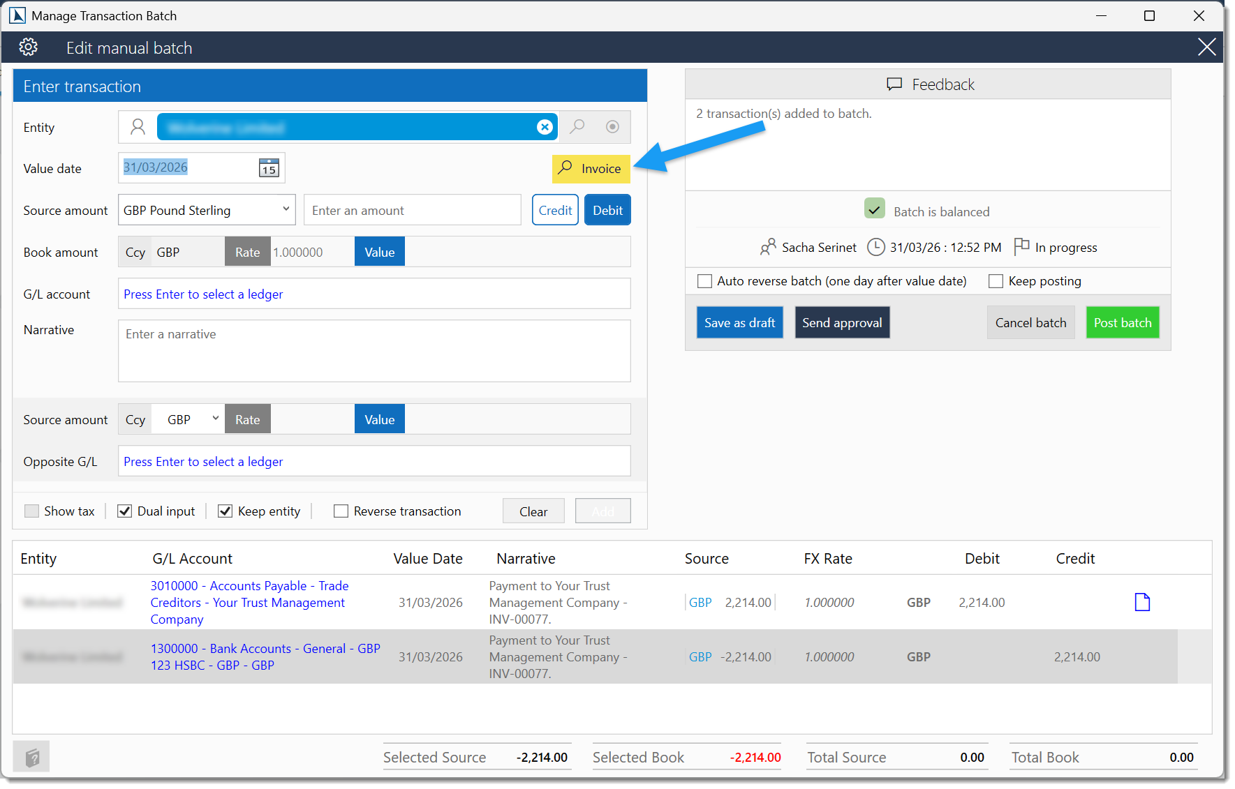 Receipting payments screen