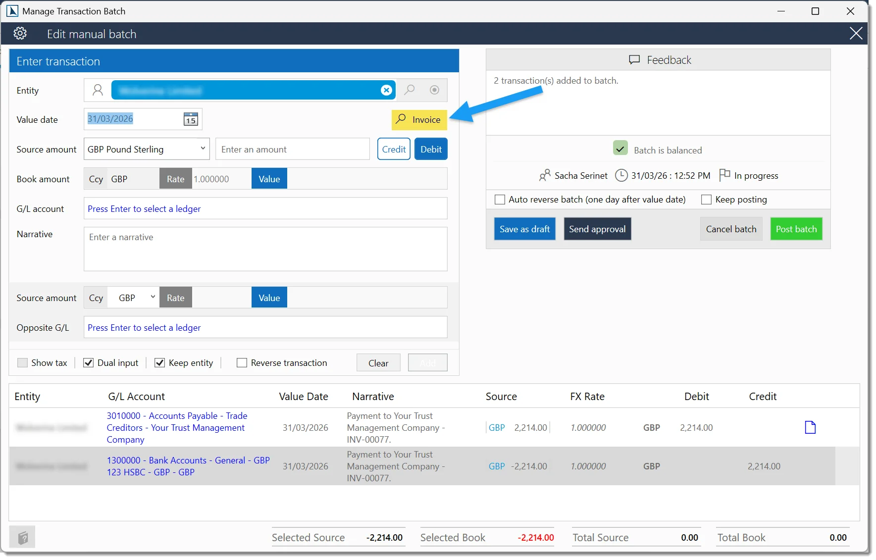 Receipting payments screen