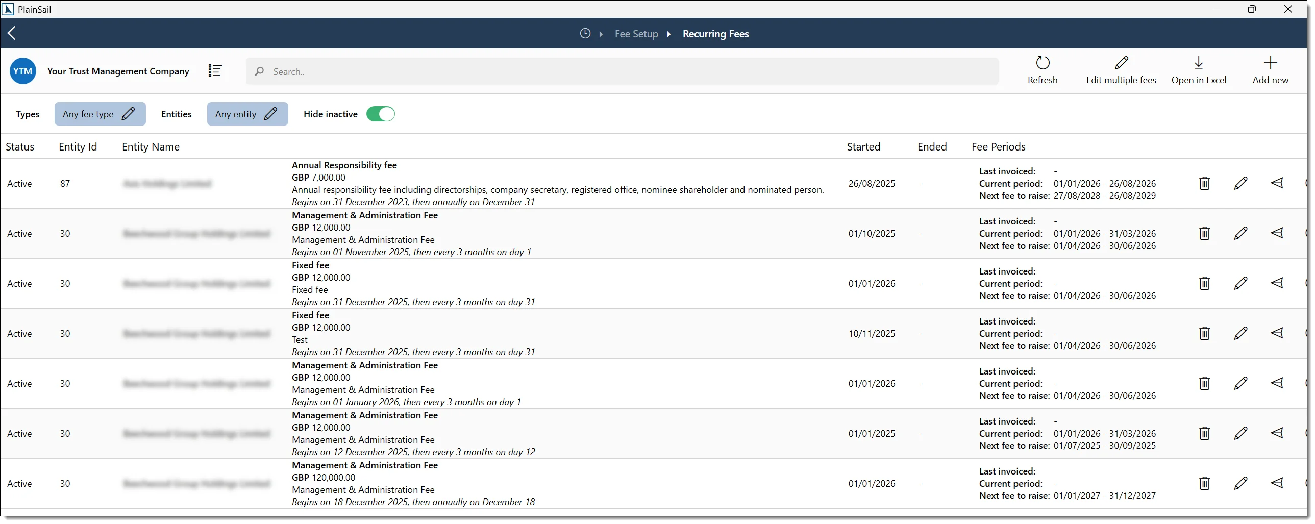 Recurring fees screen