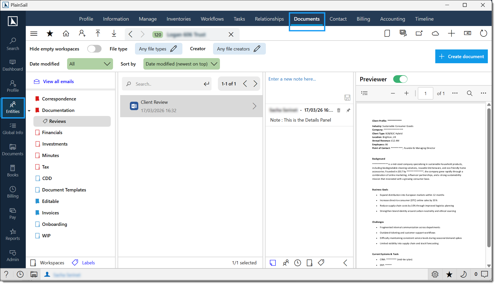 Documents screen layout with workspace, list, details and preview panels