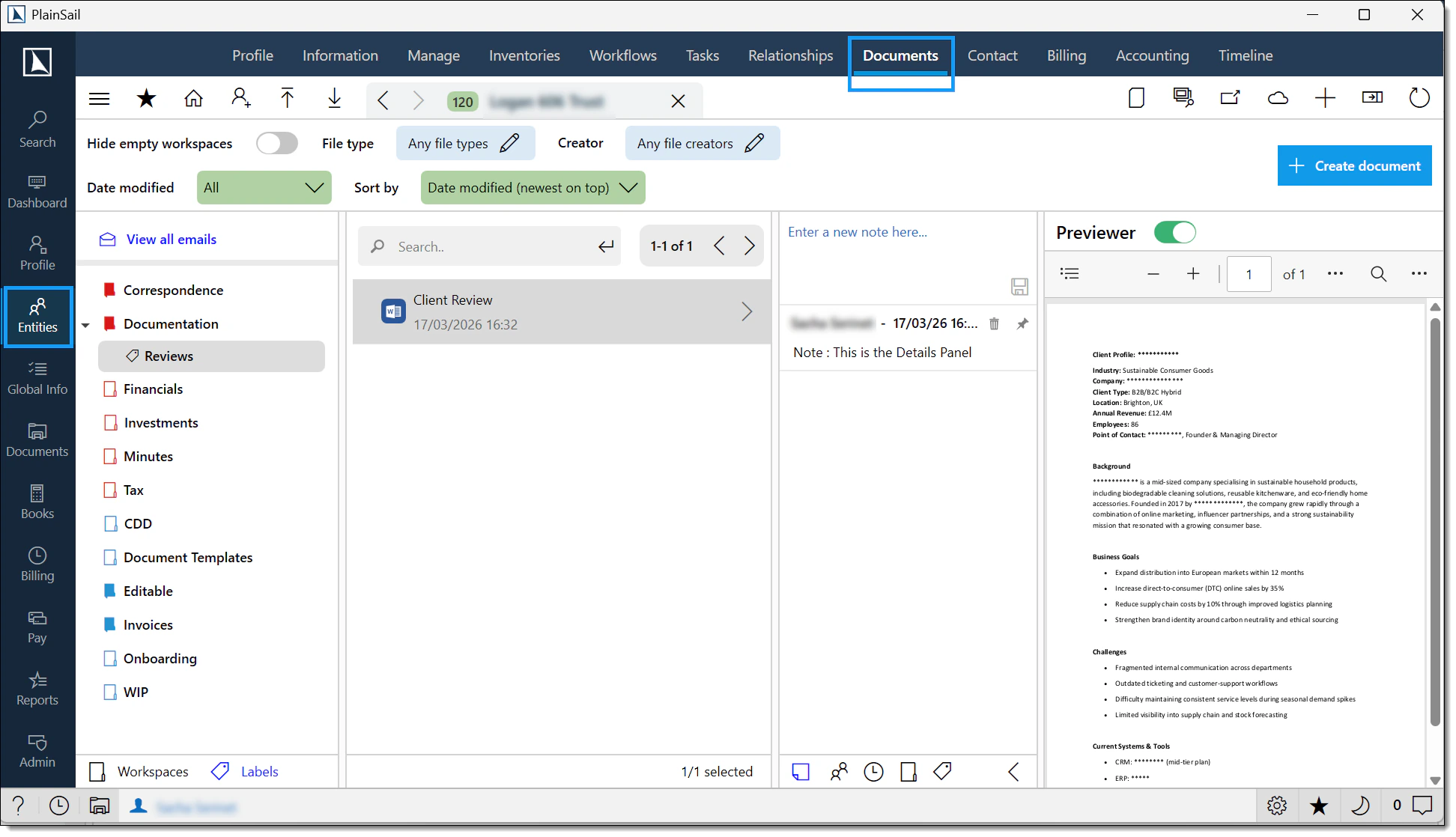 Documents screen layout with workspace, list, details and preview panels