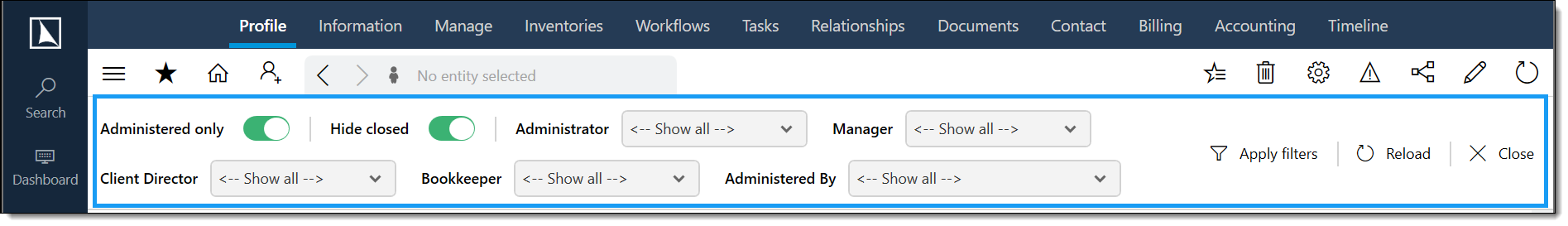 Entity list and filtering