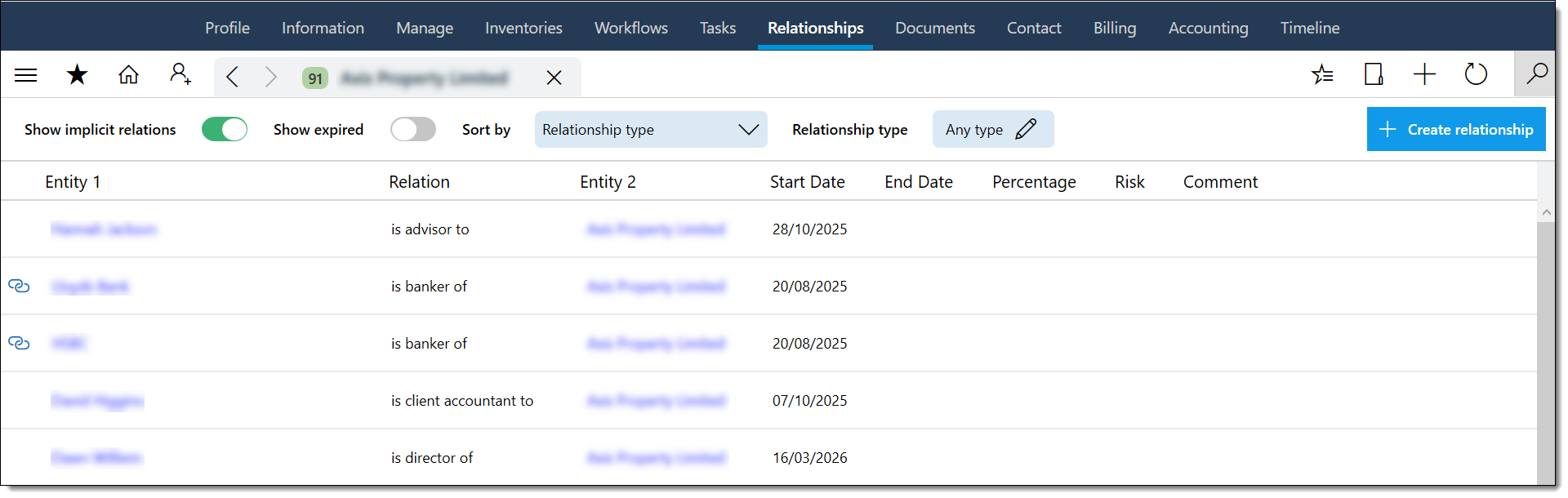 Relationship grid and creation form