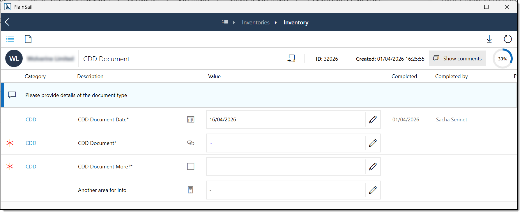Inventory details screen