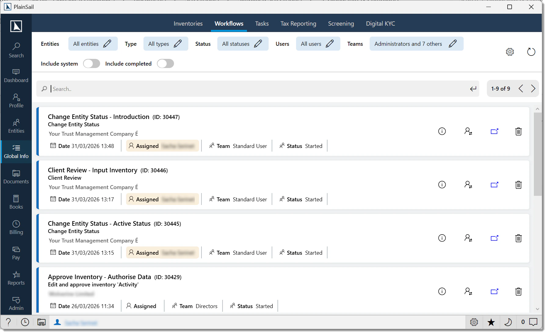 Workflows list