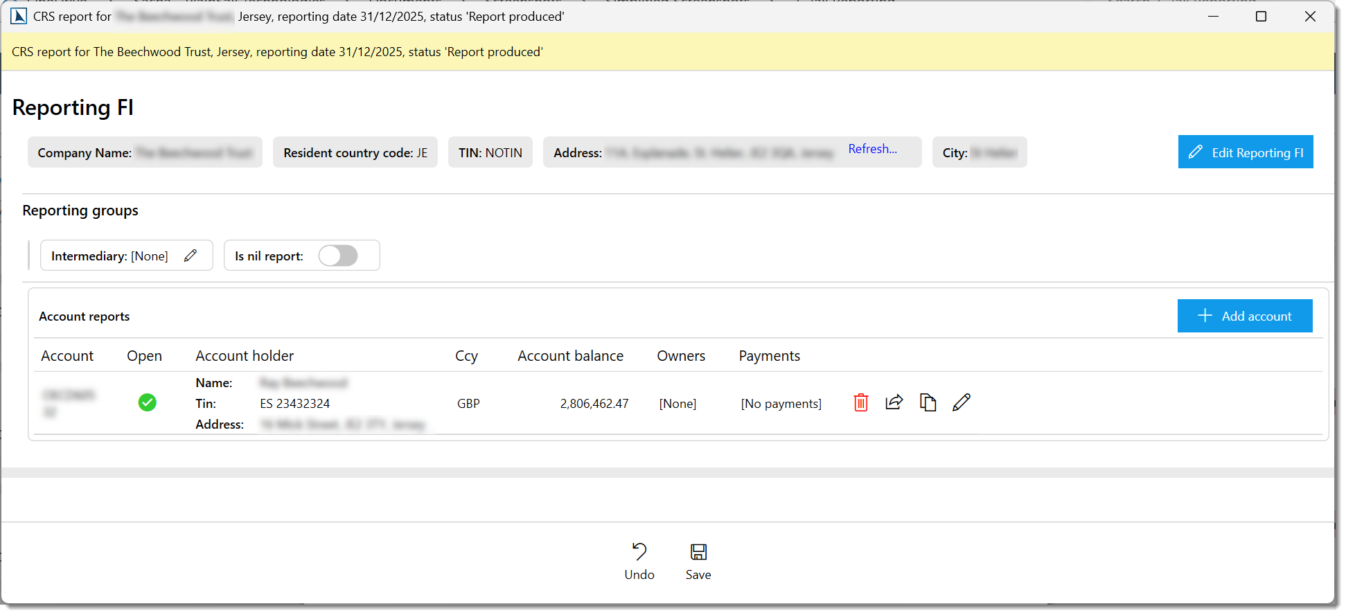 Report editor reporting FI section