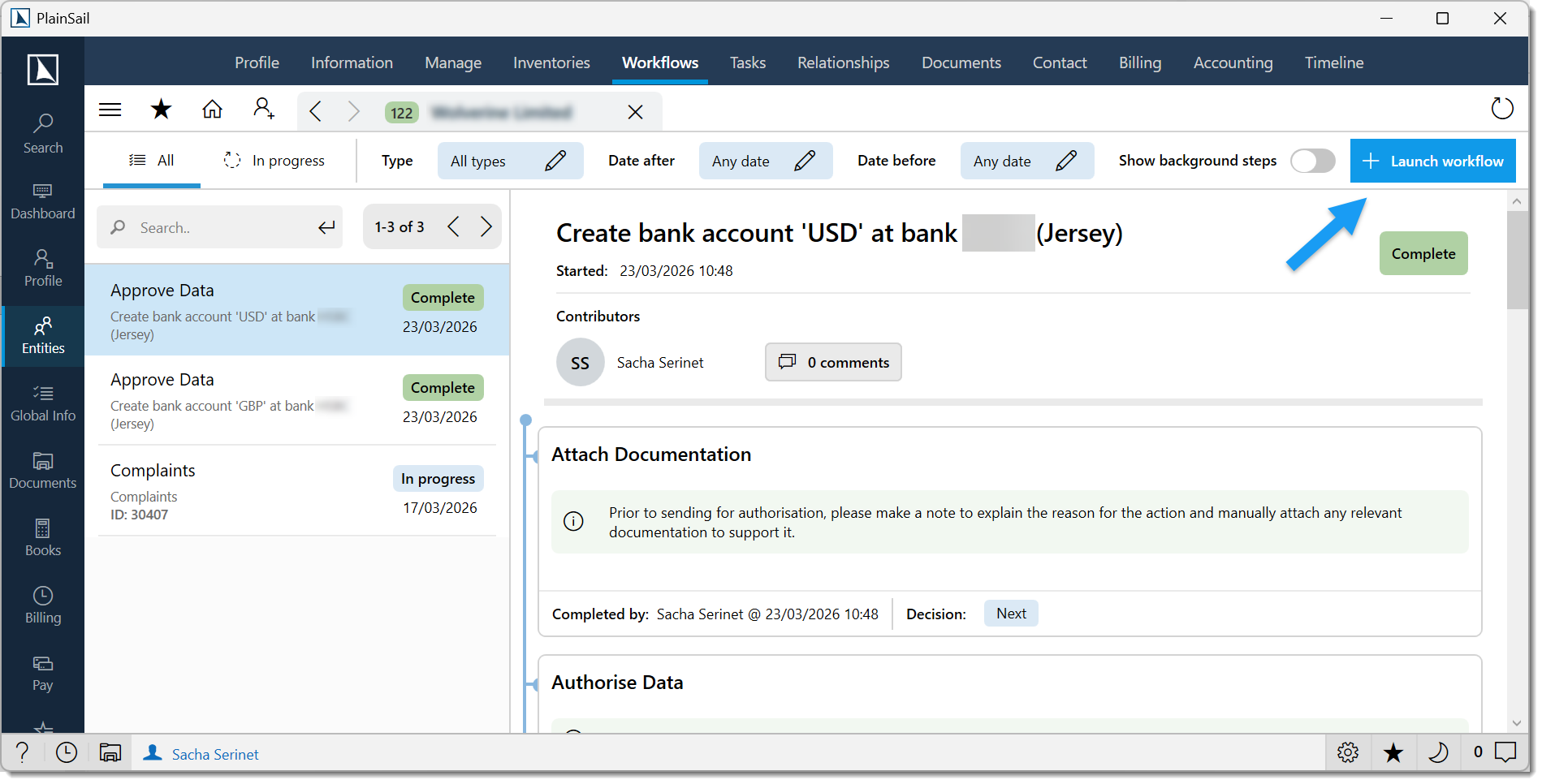 Launching a workflow from an entity