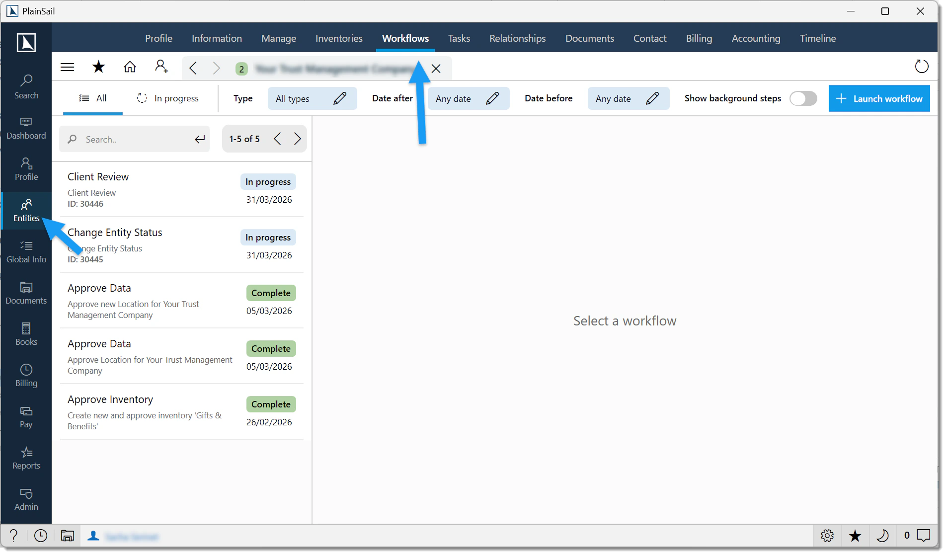 Managing workflows entity view