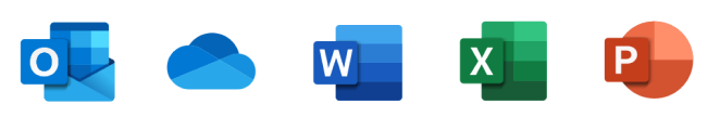 Microsoft product logos Outlook, Word, Excel, Powerpoint and OneDrive.