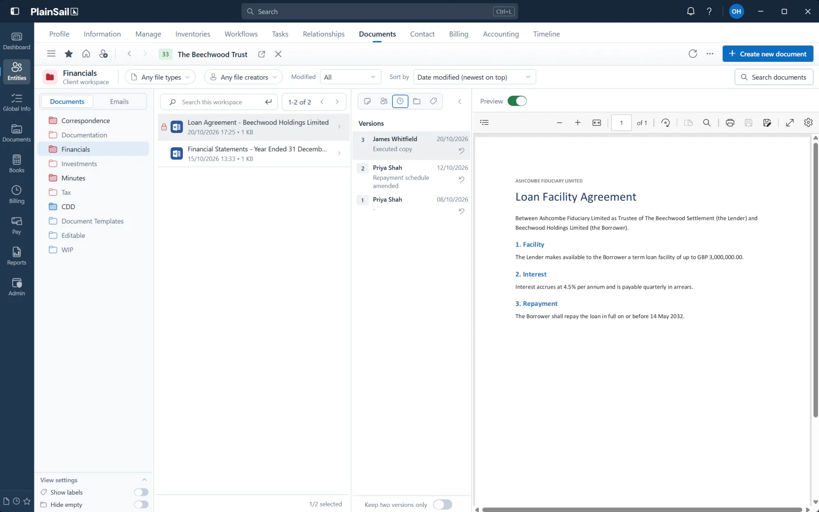 PlainSail documents for The Beechwood Trust, with workspace folders, a document list, version history and a preview of a loan facility agreement