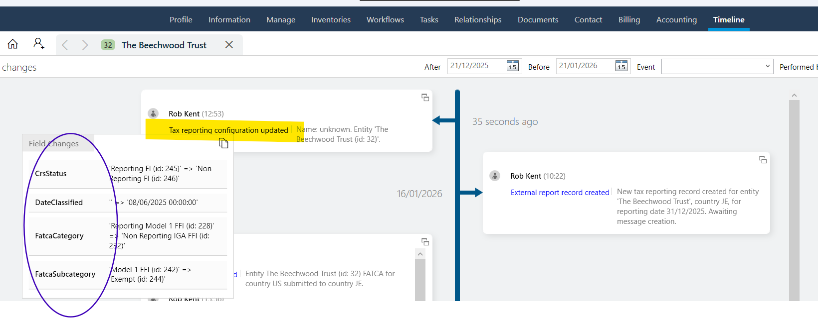 Classification change on entity timeline