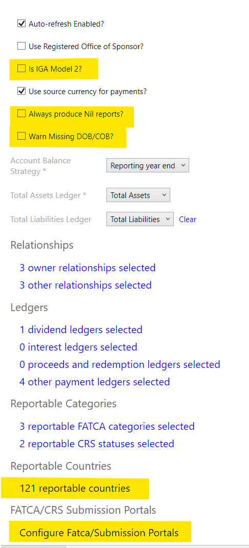FATCA/CRS configuration screen