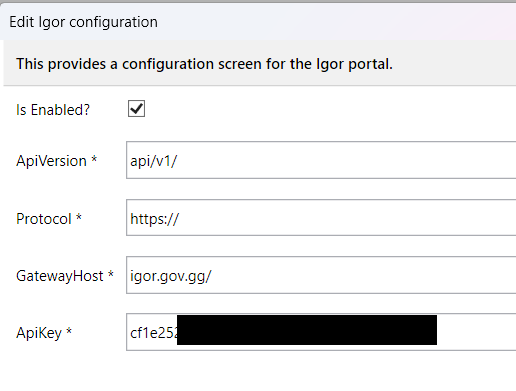 Igor API configuration screen