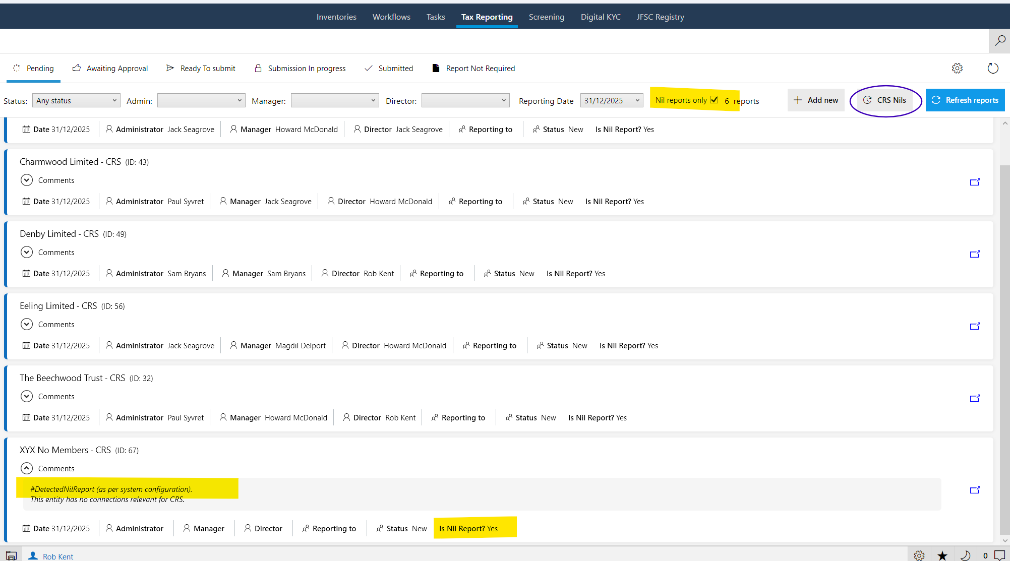 Nil reports filter on pending tab