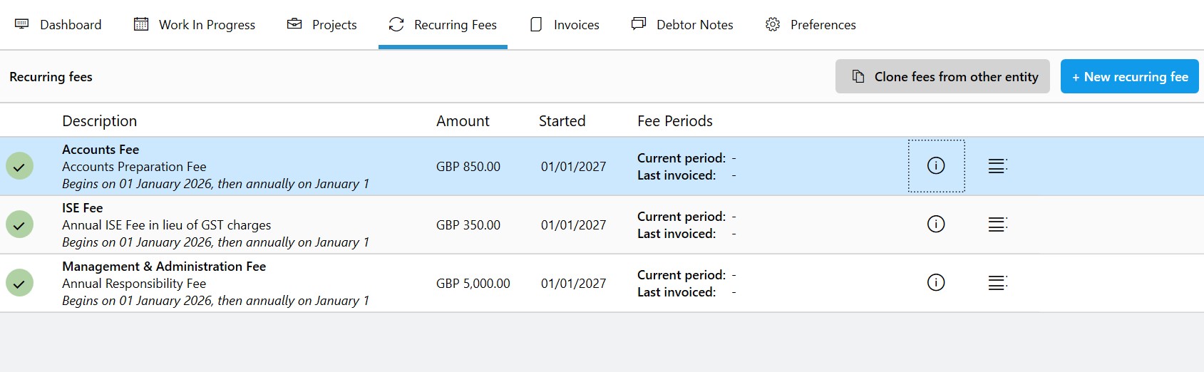 Recurring Fees with Fee Periods column