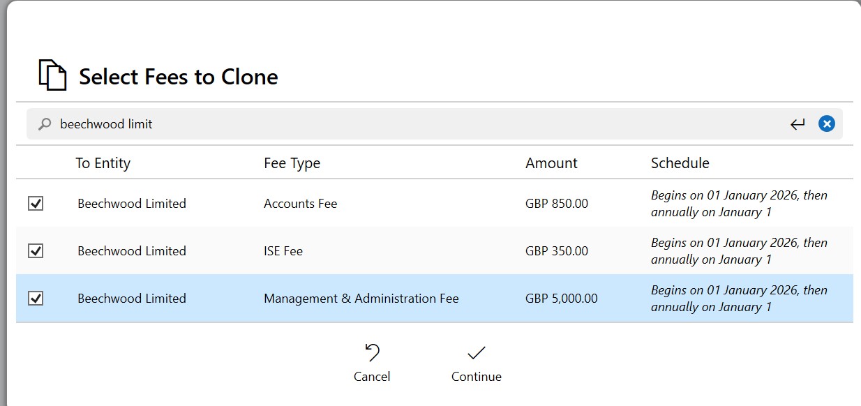 Select fees to clone