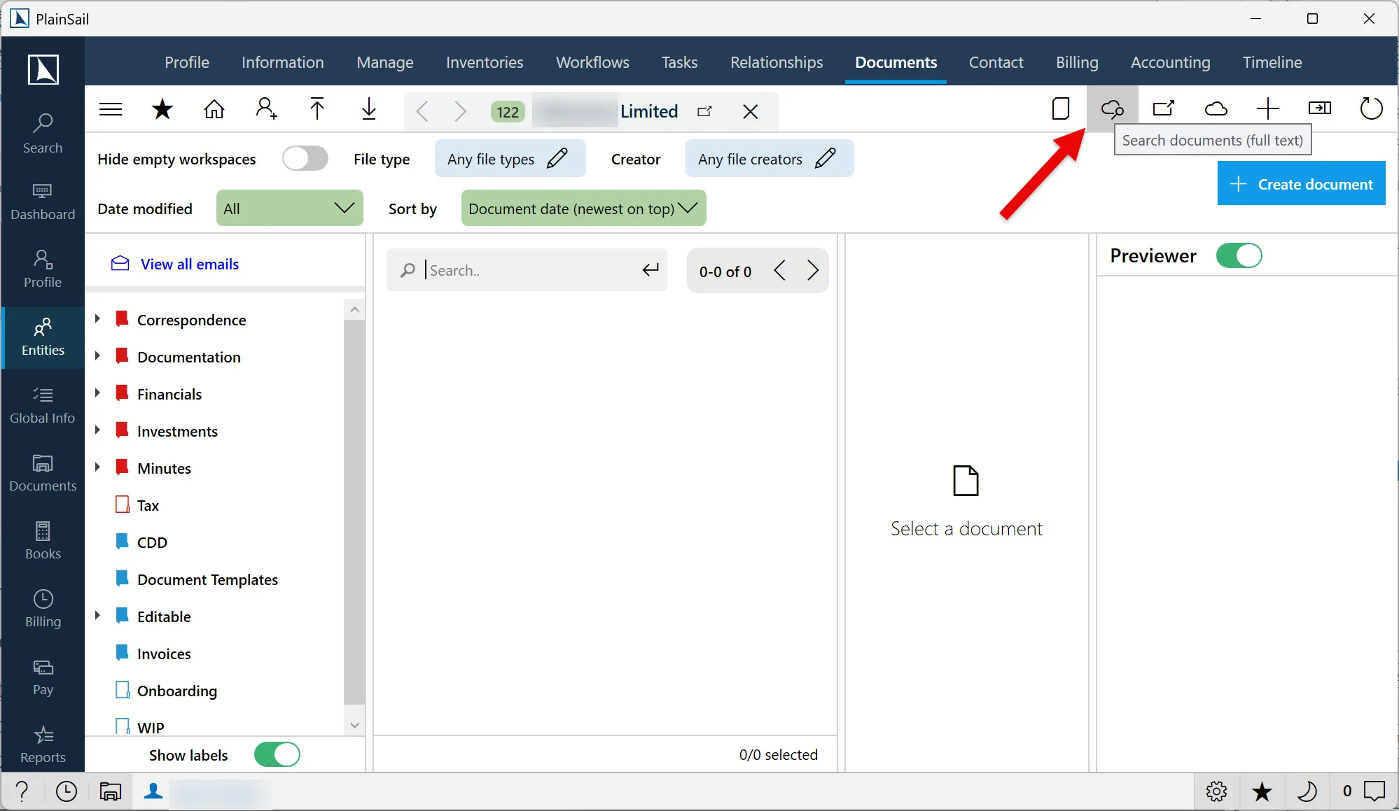 Full-text document search action on the Documents toolbar