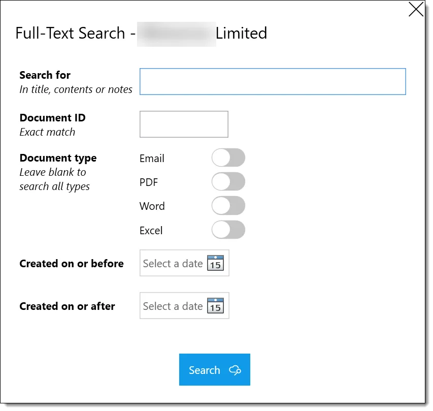 Full-text search dialog with title, contents, notes, type, and date filters