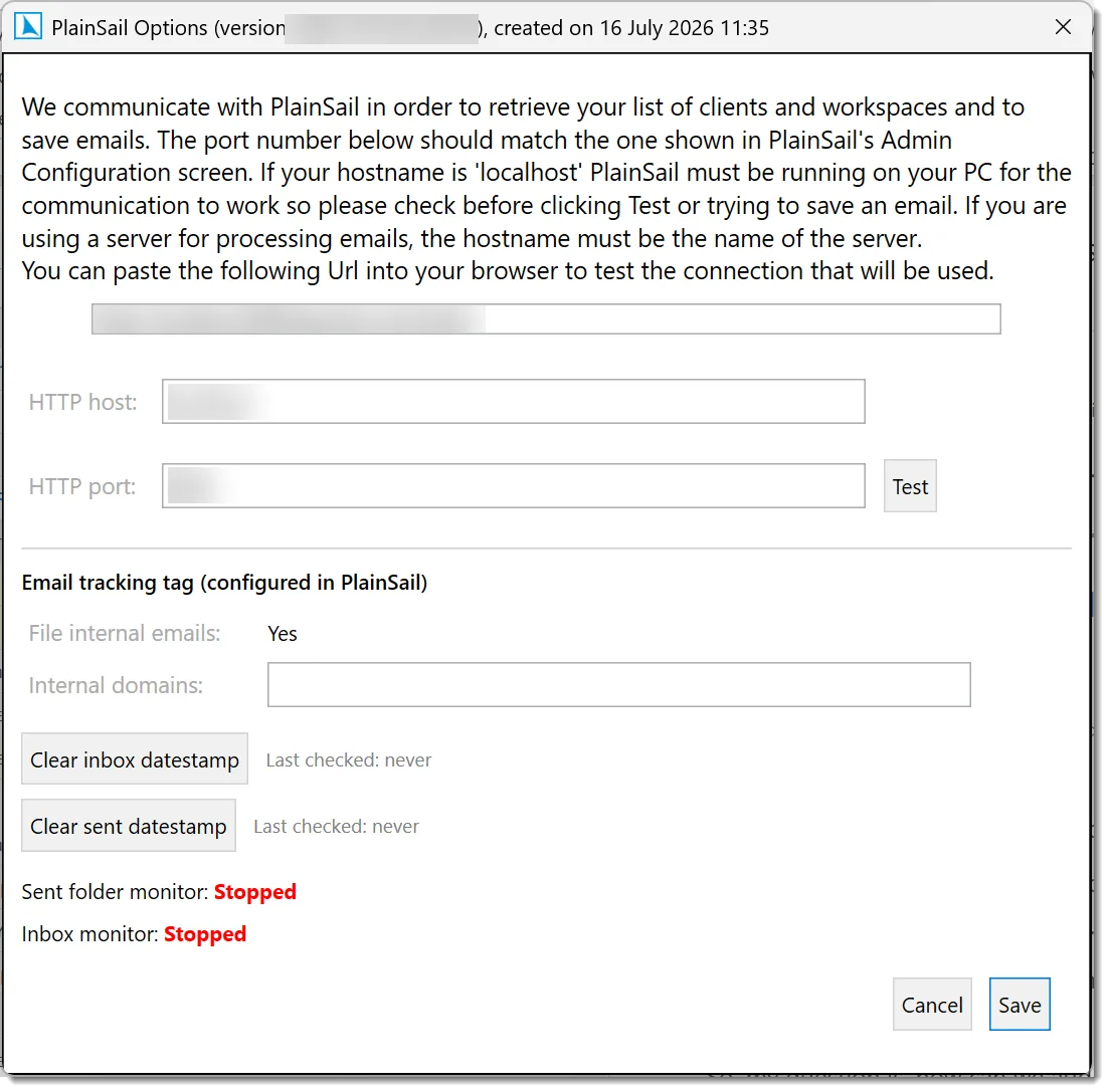 Outlook Add-In options with connection settings and inbox and sent monitoring
