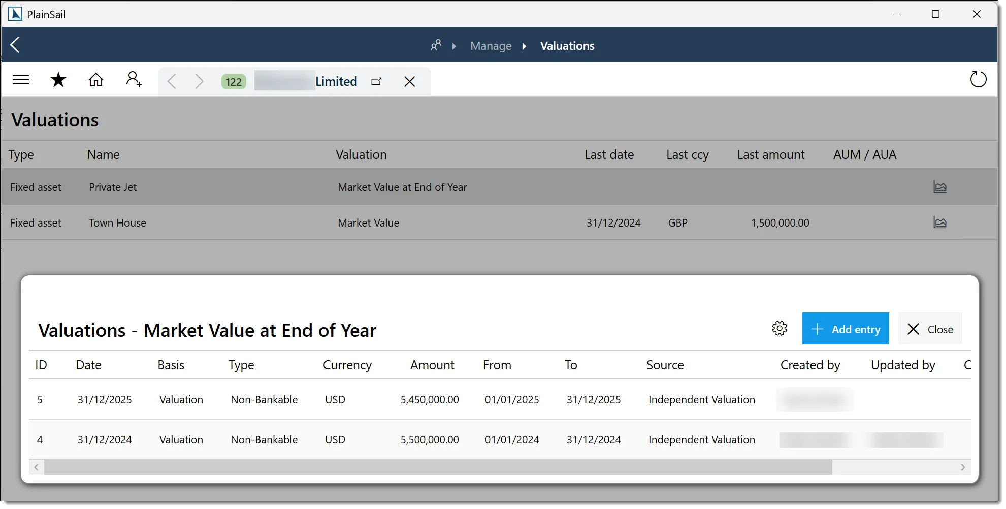 Valuation entries list with dates, currencies, and amounts