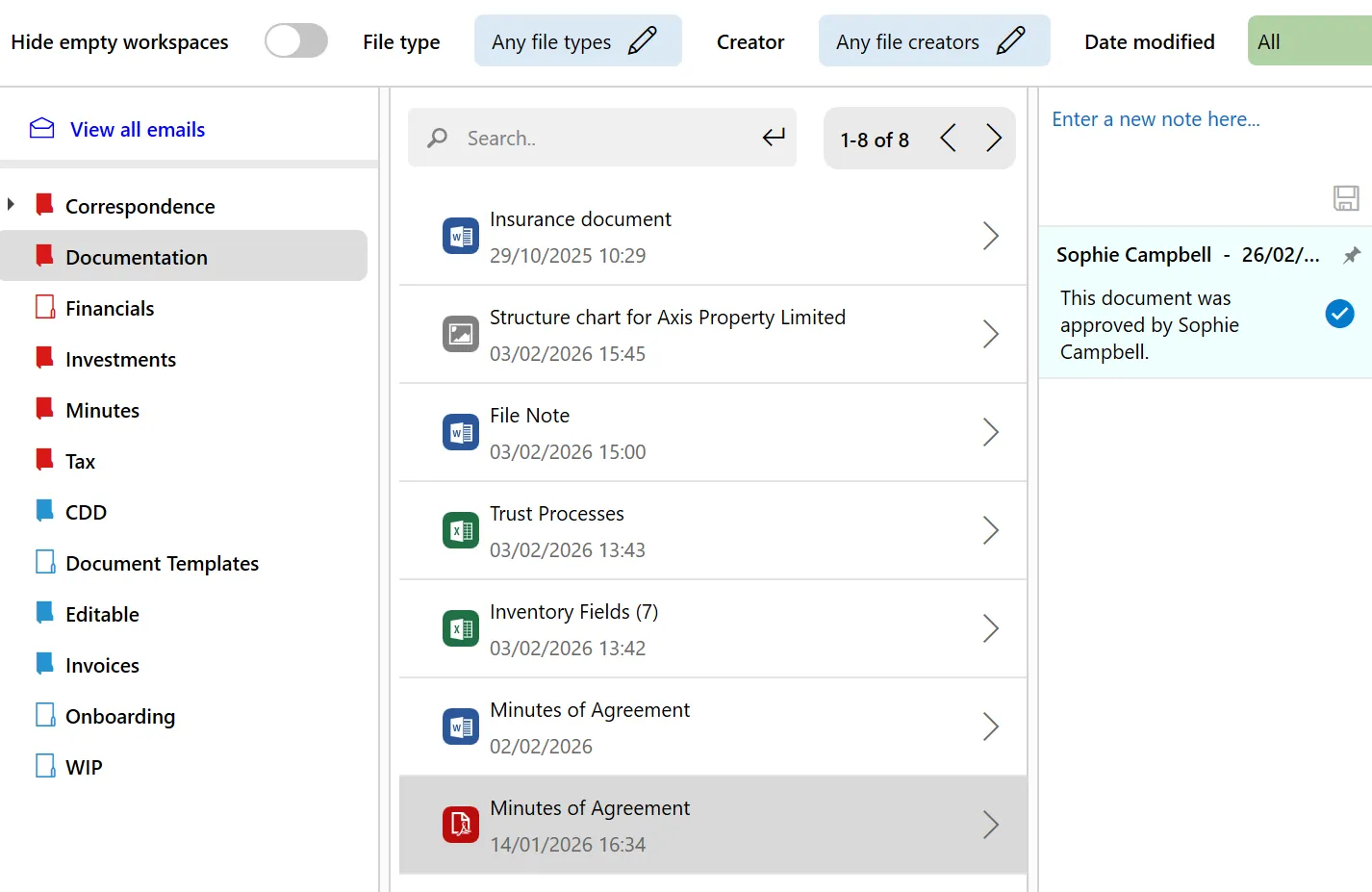 PlainSail document management showing file listing with check-out status and version history