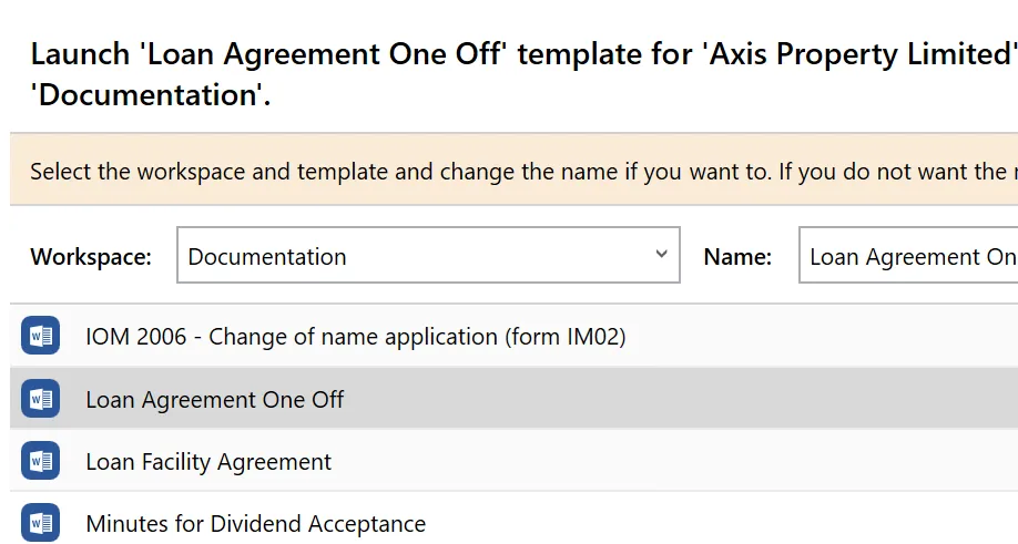 PlainSail launch template dialog for generating documents from templates