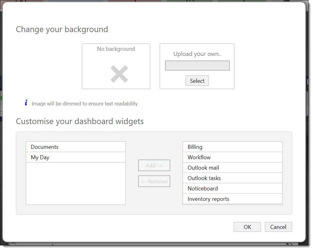 Dashboard settings panel