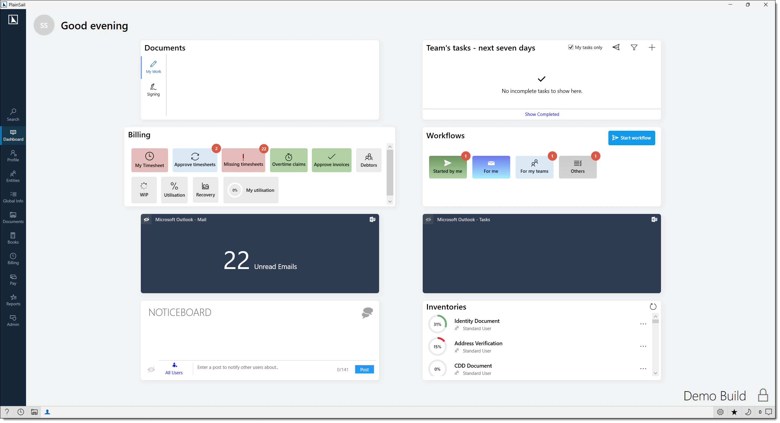 Dashboard with widgets and personalised greeting